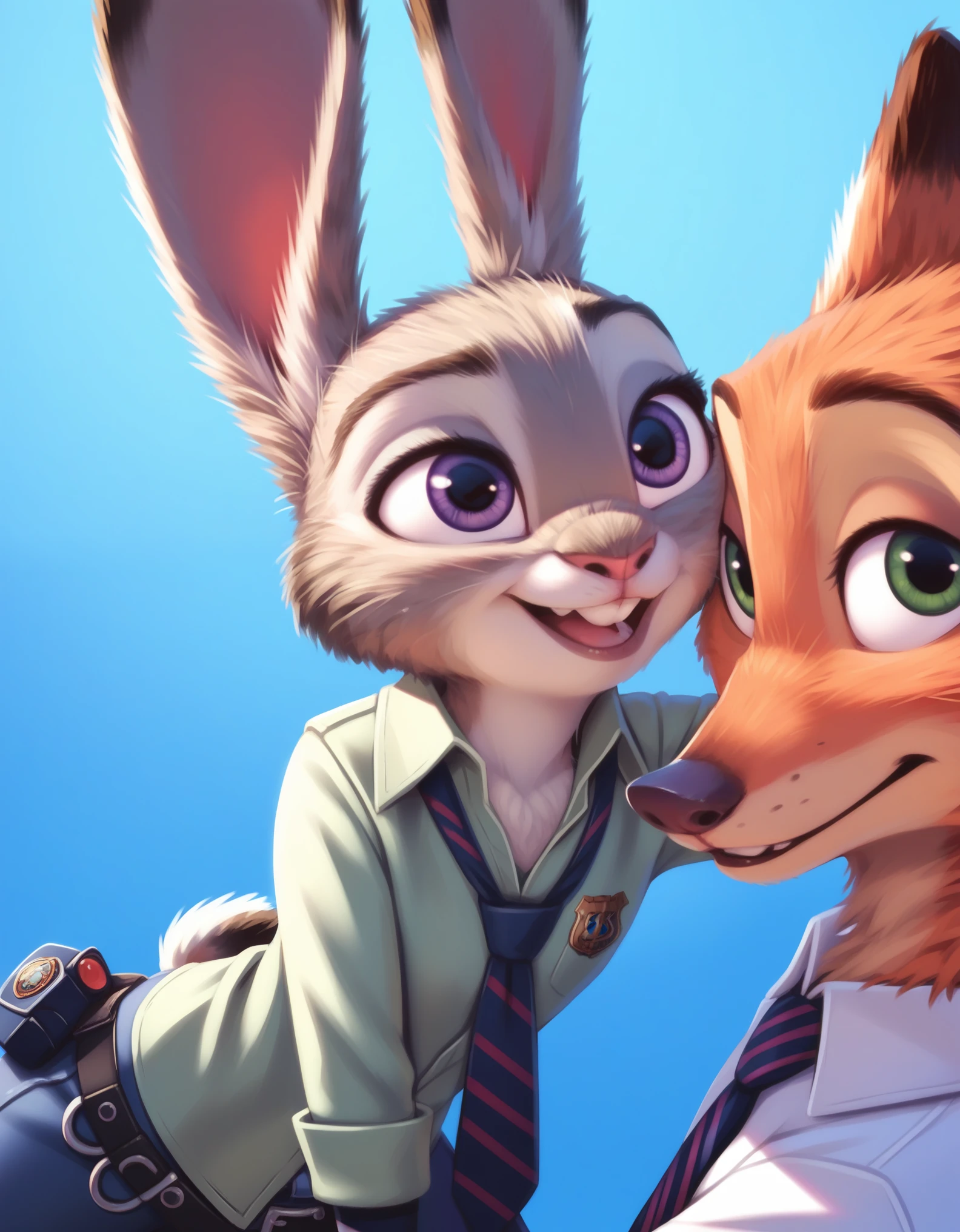 female,  judyhopps, ((slim judy hopps)), (Nick Wilde), (wear shirt and bottomless), (front view), (tail) (cinematic lighting), backlighting, (shaded), detailed background, by dagasi, (by personalami), [by Ruan Jia],, (duo), male, photorealistic, hyperrealistic, 