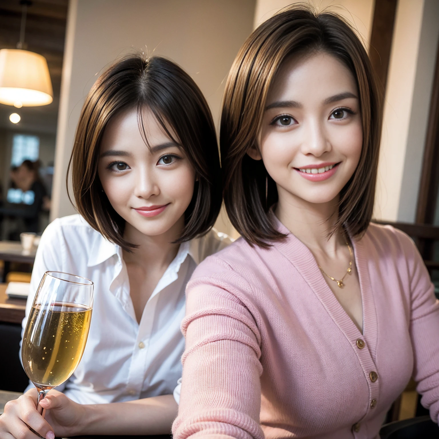 ((Highest quality、8K、masterpiece:1.3))、1 male 1 female、slimなCouple、ハッピーpinkな恋人、Couple、The body is slim、((Bob Hale、Straight hair:1.2)), (Realistic, Intricate details:1.2), フルコースディナーテーブルの上のwine glass、Shine light on your face、 Amazing view of the sunset sky and clouds、A bright smile、The wonderfulness of smile、Bright image、The beauty of wine, Beautiful Face, blue eyes, The light shines on your face, Blushing, short hair,Bright Face、 (Age 37), 39 years old, red wine 、Appetizers、Italian food、Wine bottle、Champagne、sparkling wine、Two beauties、Brown Hair、Shortcuts、Long sleeve shirt、dress、Beautiful woman 1, (slimな顔), (The body is slim), (Brown Hair), (Shortcuts), cheeks turn a little red,Attractive beauty、restaurant, In a prominent place (From the waist up) Nova Frog Style, actress, model, Upper Body, White wine, slim, wine glass, 中央に置かれたwine glass, smile, (smile: 1.15), Beautiful fine grain, Depth f/2,saturation, High Contrast, Strong light and shadow,Moist Body:1.5、3D texture、Delicate eyes、Brown Hair、The hair is very shiny、pink