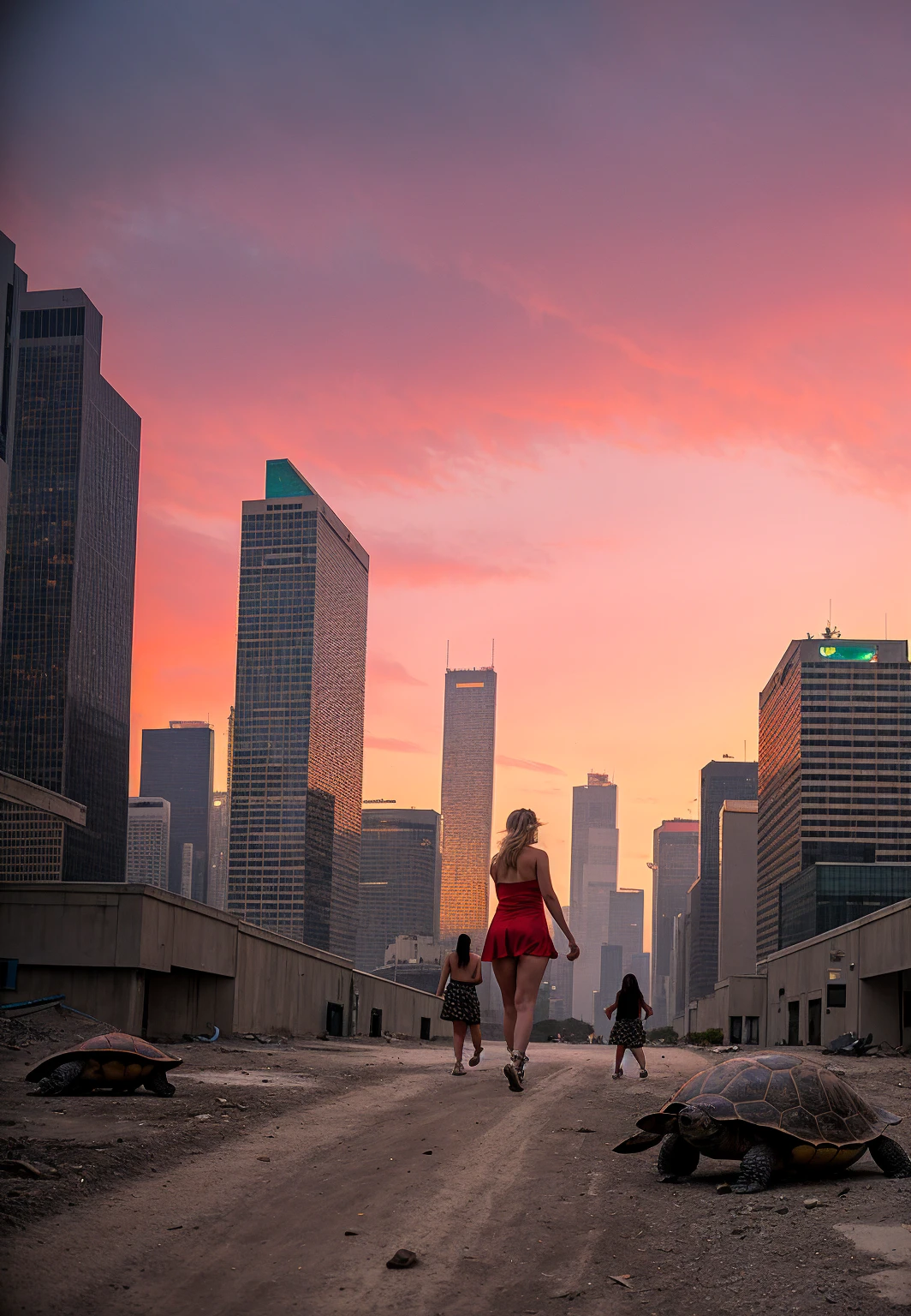 A cheerleader walking two turtles. In a dystopian wasteland. Burning skyscrapers. Red sky.