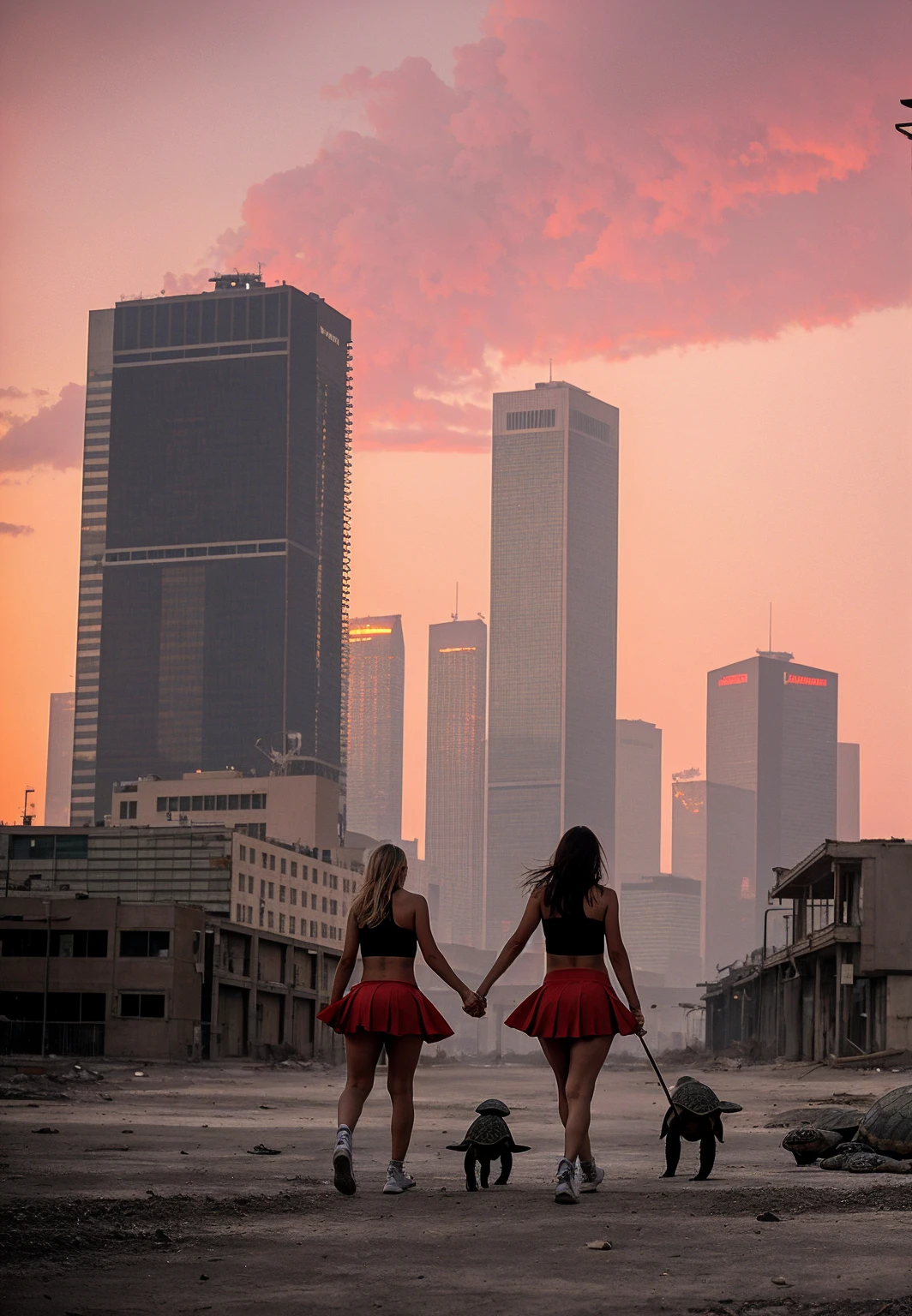 A cheerleader walking two turtles. In a dystopian wasteland. Burning skyscrapers. Red sky.