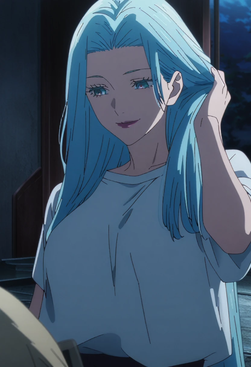 1girl, female gojo satoru, anime screencap from jujutsu kaisen, gojo satoru female version, solo, long_hair, Blue eyes ((Blue_hair)), night view, breasts, upper_body, smile, indoors, book, bangs, red_eyes, lips, (bangs) ((wearing oversized t shirt)) breast, "very detailed and high resolution" (Blue eyes) ((one hands tucking her hair and other lying down)) ((long hair)) ((solo)) (front view)