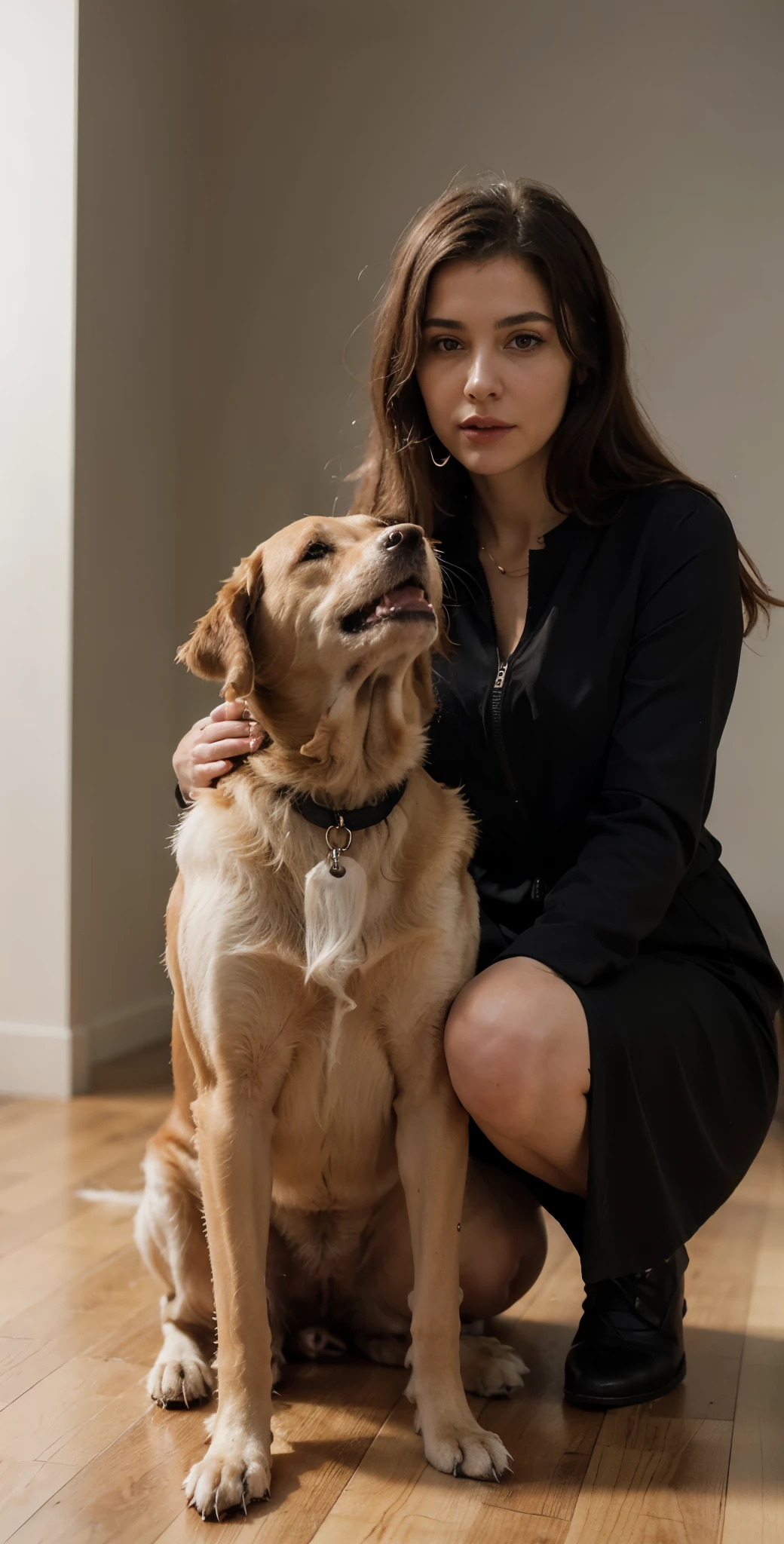 ((best quality)), ((masterpiece)), (detailed), perfect face, (((a dominant woman feeding her dog))), ((black clothes)), full body, detailed eyes