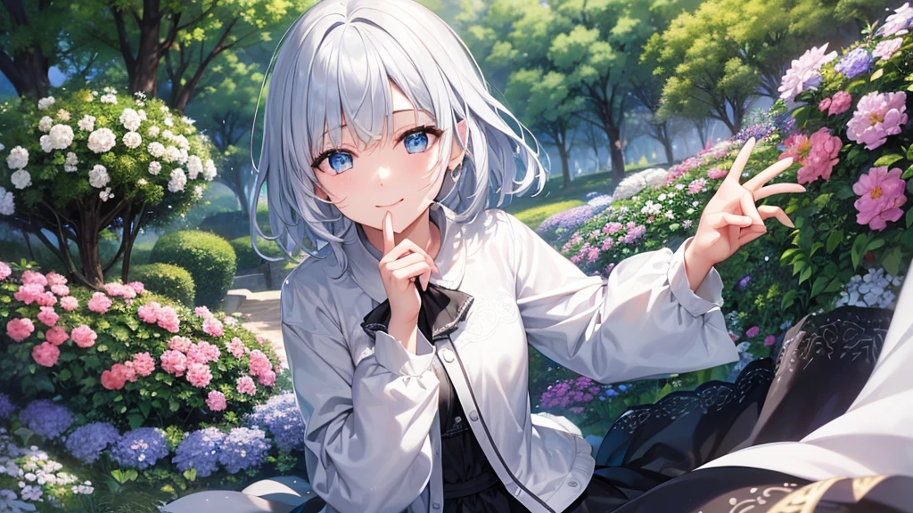 Ultra HD,Look at the viewers, Put your hands behind your back, With a girl, 20-year-old, 非常にShort Hair, Long bangs between the eyes, Pale blue eyes, hoodie, skirt , Very detailed,(masterpiece、Highest quality),Gray Hair、Laughter、Fantastic, Silver Hair, Iris, Short hair、 Fluttering Hair、Small Face、明るいsmile、(Detailed face) ,Professional Lighting,Wonderful landscape,blue sky, sunlight,Looking down from above,Portraiture、Open your mouth、Flower Field、Her eyes were shining、Mysterious and enchanting atmosphere。With AI Painting、とてもShort Hair, Long bangs between the eyes, Very detailed,(masterpiece、Highest quality)、alone、Gray Hair、Fantasy, Silver Hair, Fantasyな風景、White shirt、smile、Open your mouth、short hair、Short Hair、hairpin、black eye、Grey Eyes、Beautiful Eyes、
