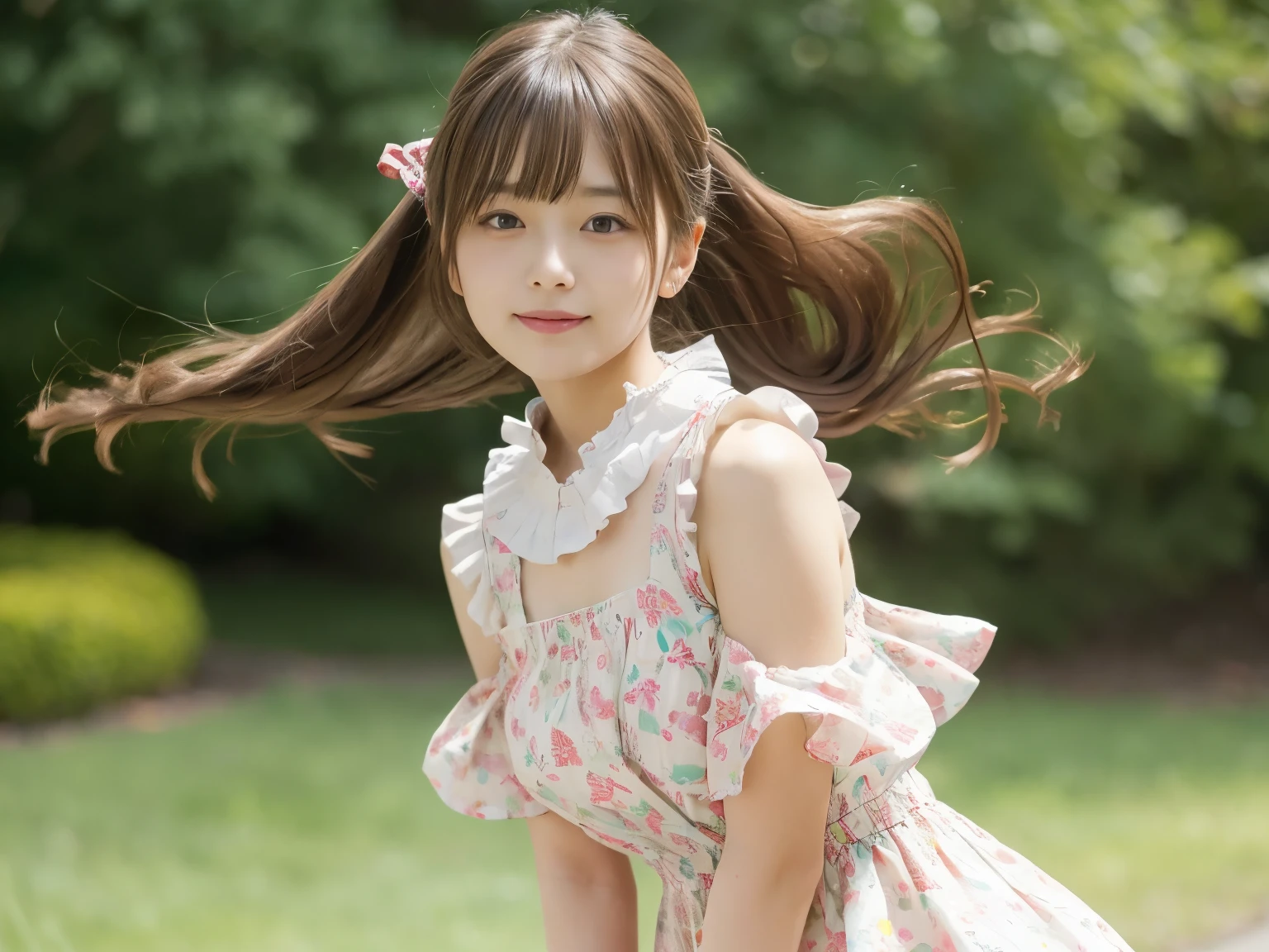 adorable, 24 years, japanese girl, (Frilled summer dress fluttering in the wind :1.4), curly hair, hair scrunchie, twin tails, (Suggestive:1.2), (smile:0.8), (highly detailed eyes:1), (highest quality:1.0), (Super high resolution:1.0) ,(photo-realistic:1), (super detailed:1.0), (8K RAW photo:1.1),looking at the viewer, , ( wind lift:1), leaning forward