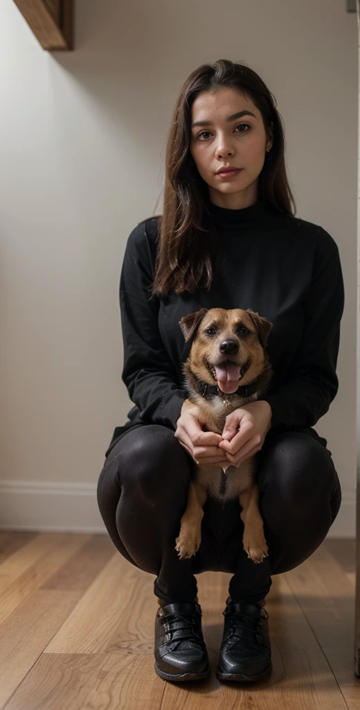 ((best quality)), ((masterpiece)), (detailed), perfect face, (((a dominant woman feeding her dog))), ((black clothes)), full body, detailed eyes