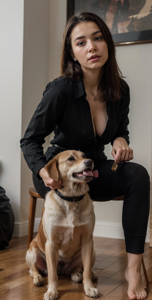 ((best quality)), ((masterpiece)), (detailed), perfect face, (((a dominant woman feeding her dog))), ((black clothes)), full body, detailed eyes