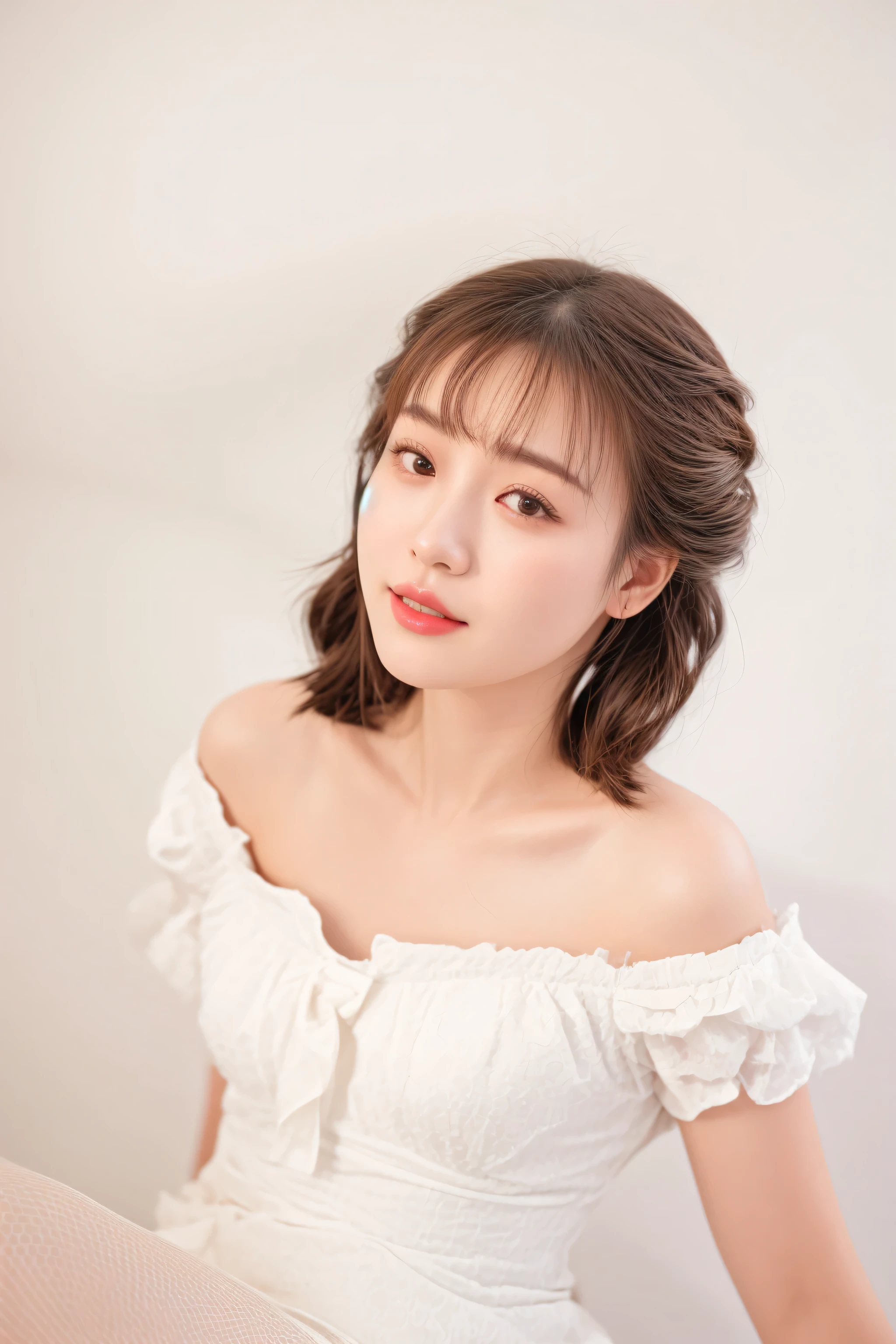 there is a woman in a white dress posing for a picture, Chiho, Yoshitomo Nara, with short hair, taken with canon eos 5 d mark iv, close - up studio photo, captured on canon eos r 6, harumi, shot with canon eoa 6 d mark ii, ayaka, aoshima Chiho