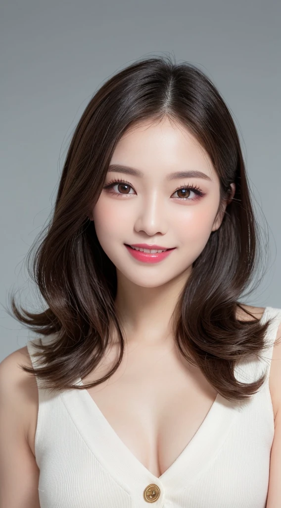 Highest quality, figure, Super detailed, In detail, High resolution, 32k wallpapers, Perfect dynamic composition, Beautiful attention to detail, Random top model dresses,Long Curly Hair, Center of chest,Big beautiful cat-like eyes, Cute Button Nose, Small and fairly full lips, Thick eyebrows and long, beautiful eyelashes. Transparent throughout makeup, Paint your cheeks pink,Dark eyeliner,Lip gloss makes it sparkle. Random sexy poses,smile,white and clean teeth,(full body shot),Influencer,Plain background