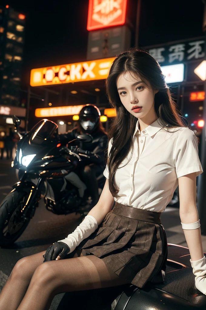 (((best quality))),(((ultra detailed))),(((masterpiece))),illustration,(1 beautiful girl,solo),((slim,thin)),((small breasts,flat chest)),(safety helmet:1.3),shoulder length straight hair,slender legs,cyberpunk, urban street,high school student, JK outfit,(riding on a motorcycle:1.3), sleek, (white collared short-sleeved shirt:1.3),(gloves:1.2),(red checkered pleated skirt:1.3),(pantyhose:1.3), stylish boots, confidence, determination, dark streets,neon lights, skyscrapers, urban noises, traffic, sirens, city sounds, futuristic, dystopian society, technology, fashion, explosive cocktail, style, , modernity, attitude, spirit, anything is possible,from front