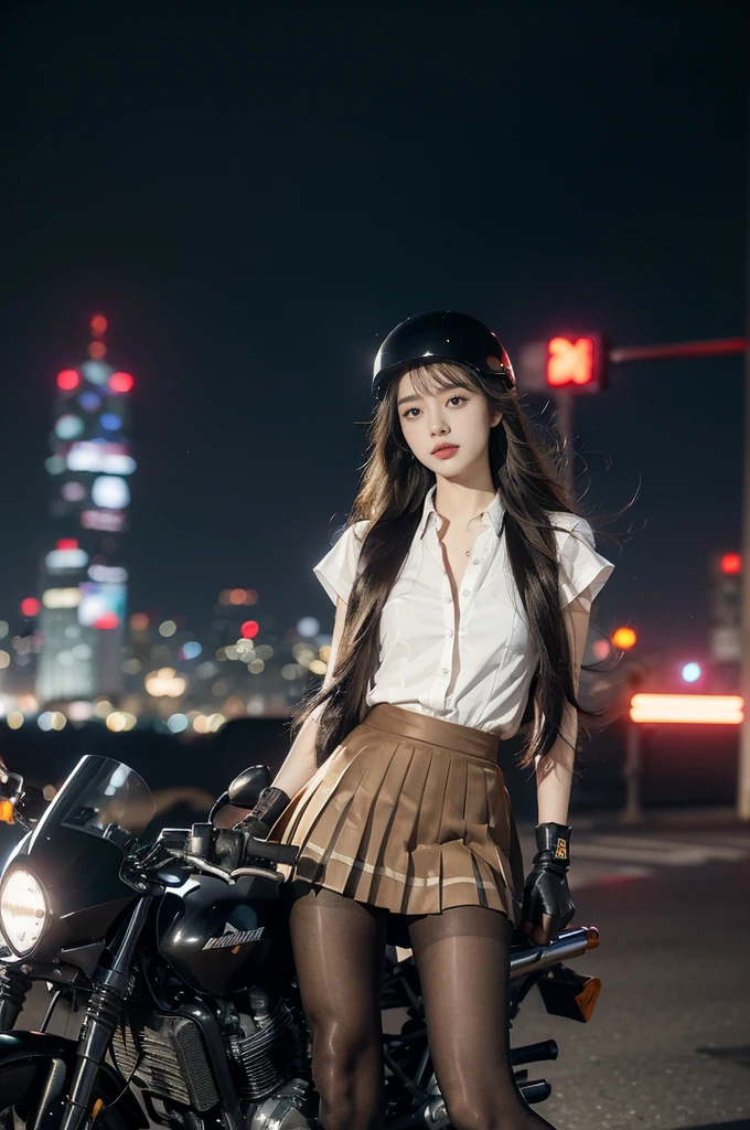 (((best quality))),(((ultra detailed))),(((masterpiece))),illustration,(1 beautiful girl,solo),((slim,thin)),((small breasts,flat chest)),(safety helmet:1.3),shoulder length straight hair,slender legs,cyberpunk, urban street,high school student, JK outfit,(riding on a motorcycle:1.3), sleek, (white collared short-sleeved shirt:1.3),(gloves:1.2),(red checkered pleated skirt:1.3),(pantyhose:1.3), stylish boots, confidence, determination, dark streets,neon lights, skyscrapers, urban noises, traffic, sirens, city sounds, futuristic, dystopian society, technology, fashion, explosive cocktail, style, , modernity, attitude, spirit, anything is possible,from front