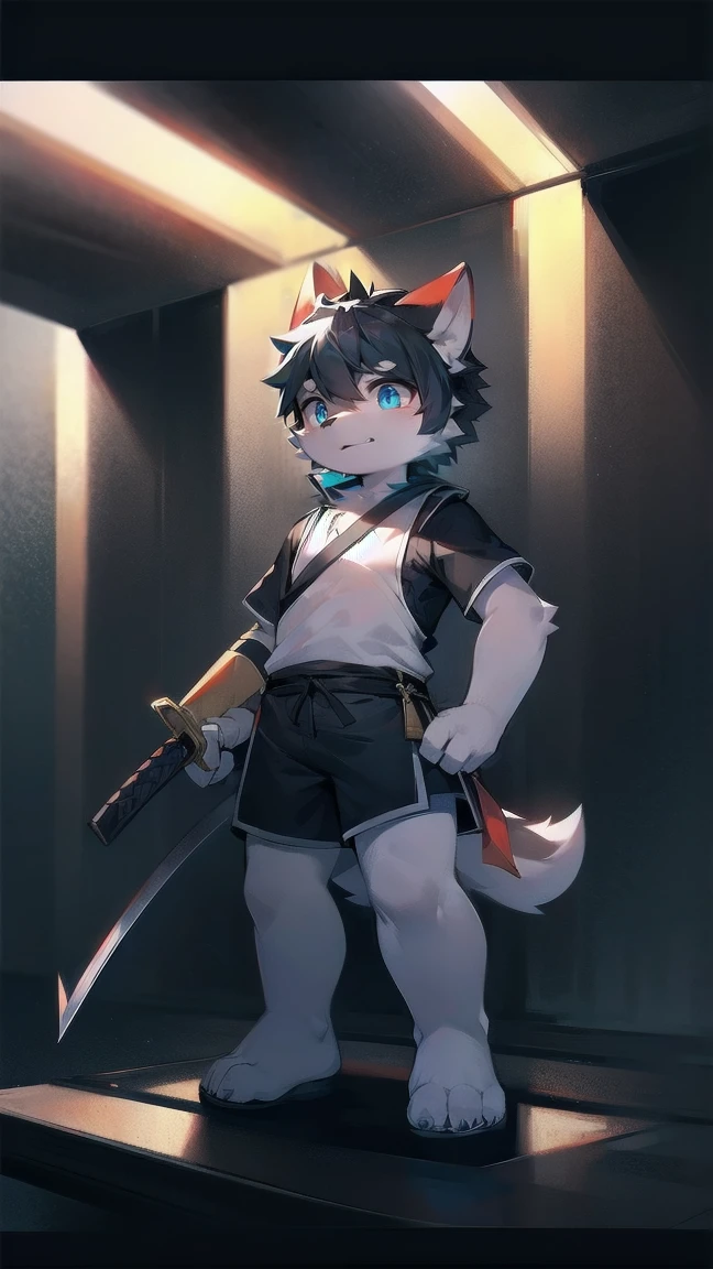 White Wolf，black hair，Sky blue eyes，hairy，Wolf ears，Wolf tail，Full body portrait，The character is in the center of the frame，Handsome，Confident eyes，male，juvenile，Black and white combat uniform，Red neck bib，Black shorts，Short sleeve，hairy arms and legs，Dark background，Dark battlefield，dawn，sunrise，dawn，illumination，shadow，Swordsman，Scabbard and sword，Hold the hilt of a sword in your hand，The scabbard is at the waist，Highest quality