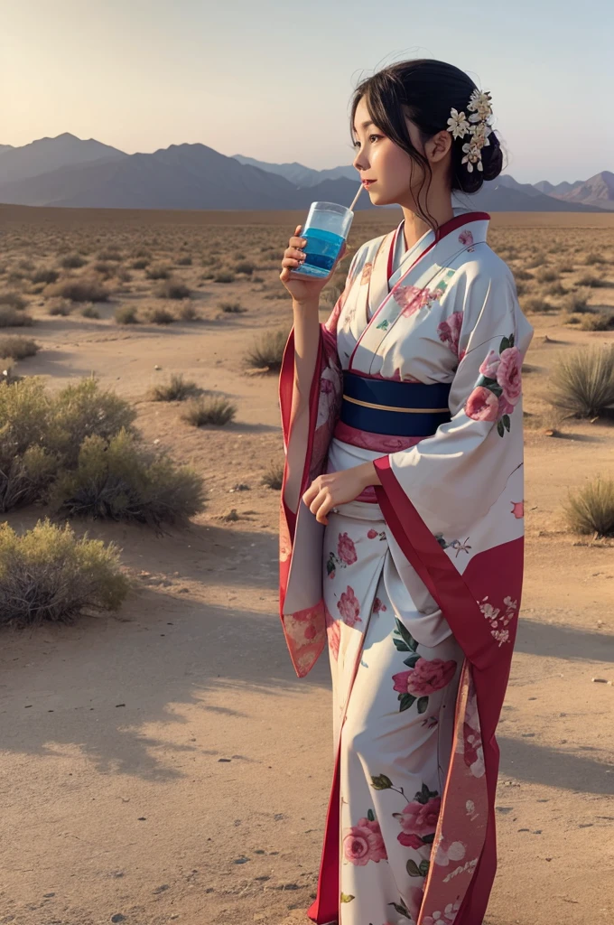 A beautiful woman in a kimono drinking water while standing in the desert