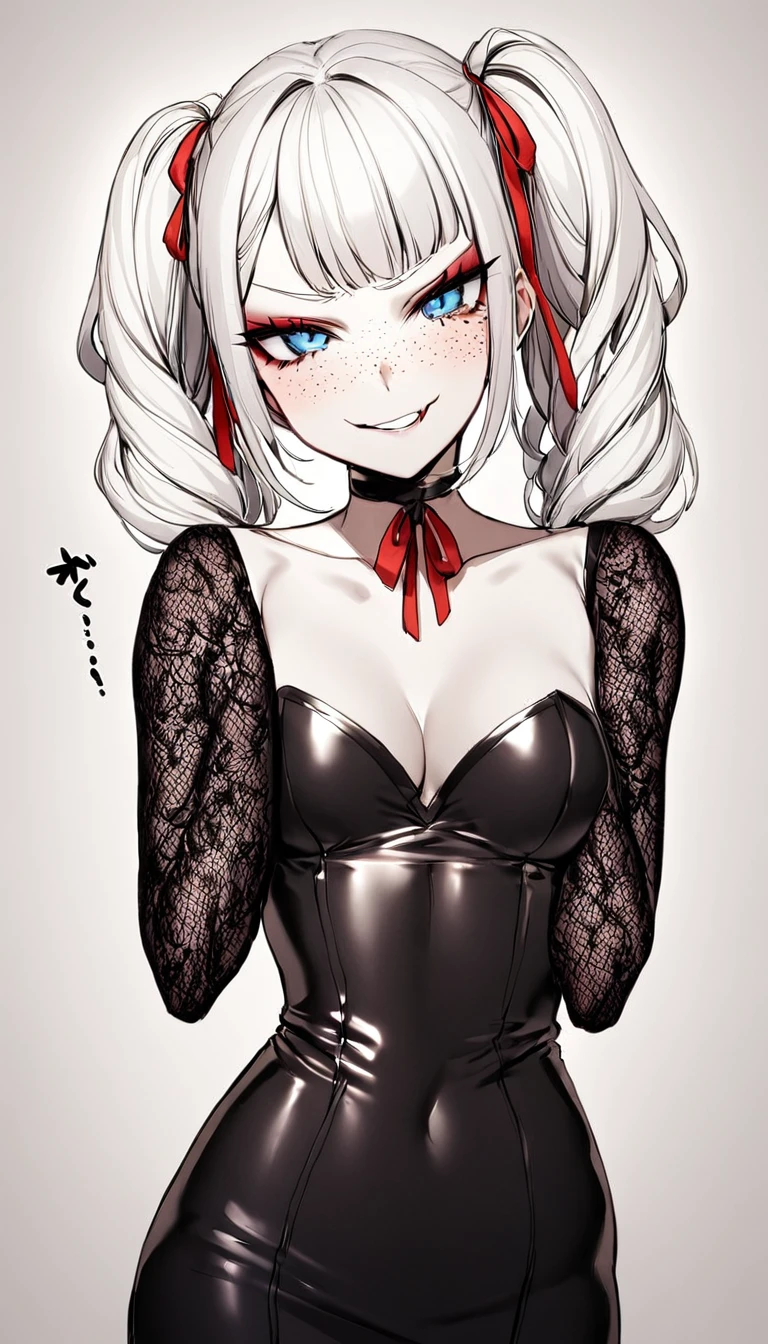 1 Girl, Black Corset, Long Black Skirt, Black Lace Sleeves, Black Lace Covering All Showing Skin Up To The Neck, Red Lace Ribbon, Medium Breasts, Blue Eyes, Platinum White Hair, Twin Tail Hair Style, Pale White Skin, Smooth Skin, Face Freckles, Nice Cleavage, Slutty, Sexy, Sassy, Smirking, Tease, Teasing, 