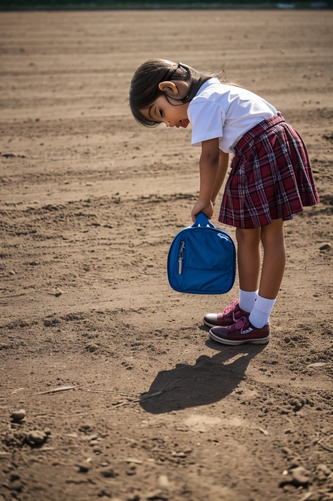 Detailed photo of 6  girl in skirt geting something from the ground