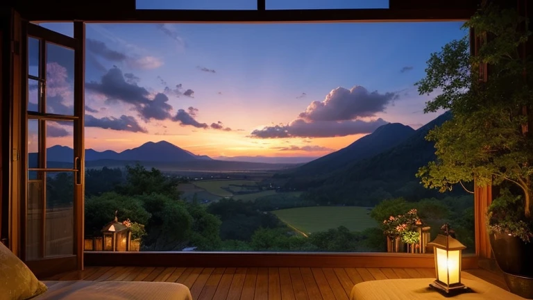 Mountain々Standing tall、A quaint rural landscape unfolds。In the silence of the night、Mountainのふもとには小さな村があり、Home々Warm light is coming out of the window.。Mountain肌に広がる星空には、The light of the fireflies is dancing。This landscape is、Feel the atmosphere of the good old days、It will calm your mind。