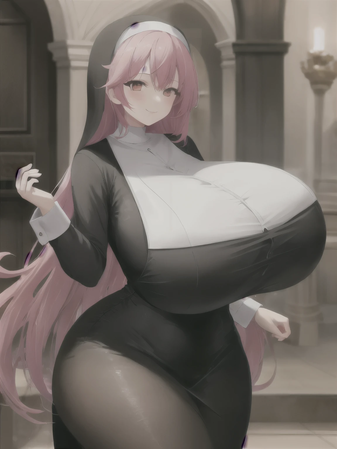 Nunonastic Clothes、Sister、A refined face、A kind smile、church、I have long hair、Pink Hair、Large Breasts、Glamorous figure、Too big breasts、