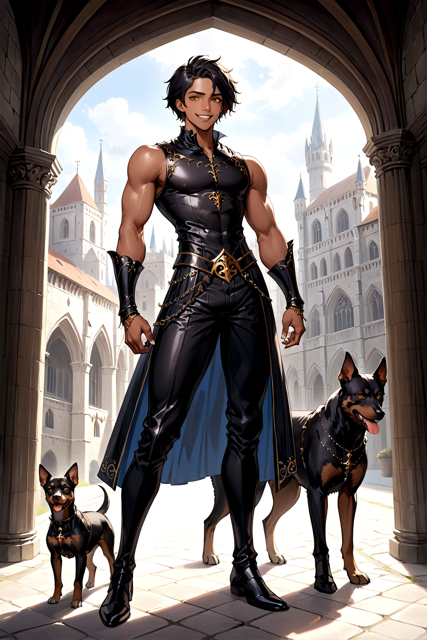 an attractive man with honey-colored eyes, looking 20 years old, BROWN SKIN, canine teeth with prominent fangs, elegantly cut short black hair, Medium build and tall with defined muscles, and wearing medieval renaissance gothic clothes (full body image) friendly and flirtatious expression