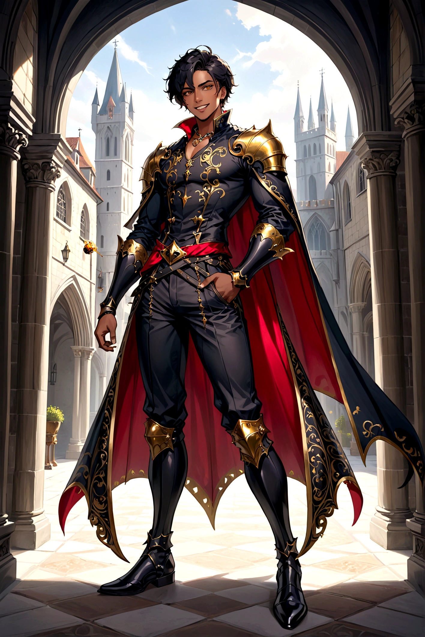 an attractive man with honey-colored eyes, looking 20 years old, BROWN SKIN, canine teeth with prominent fangs, elegantly cut short black hair, Medium build and tall with defined muscles, and wearing medieval renaissance gothic clothes (full body image) friendly and flirtatious expression