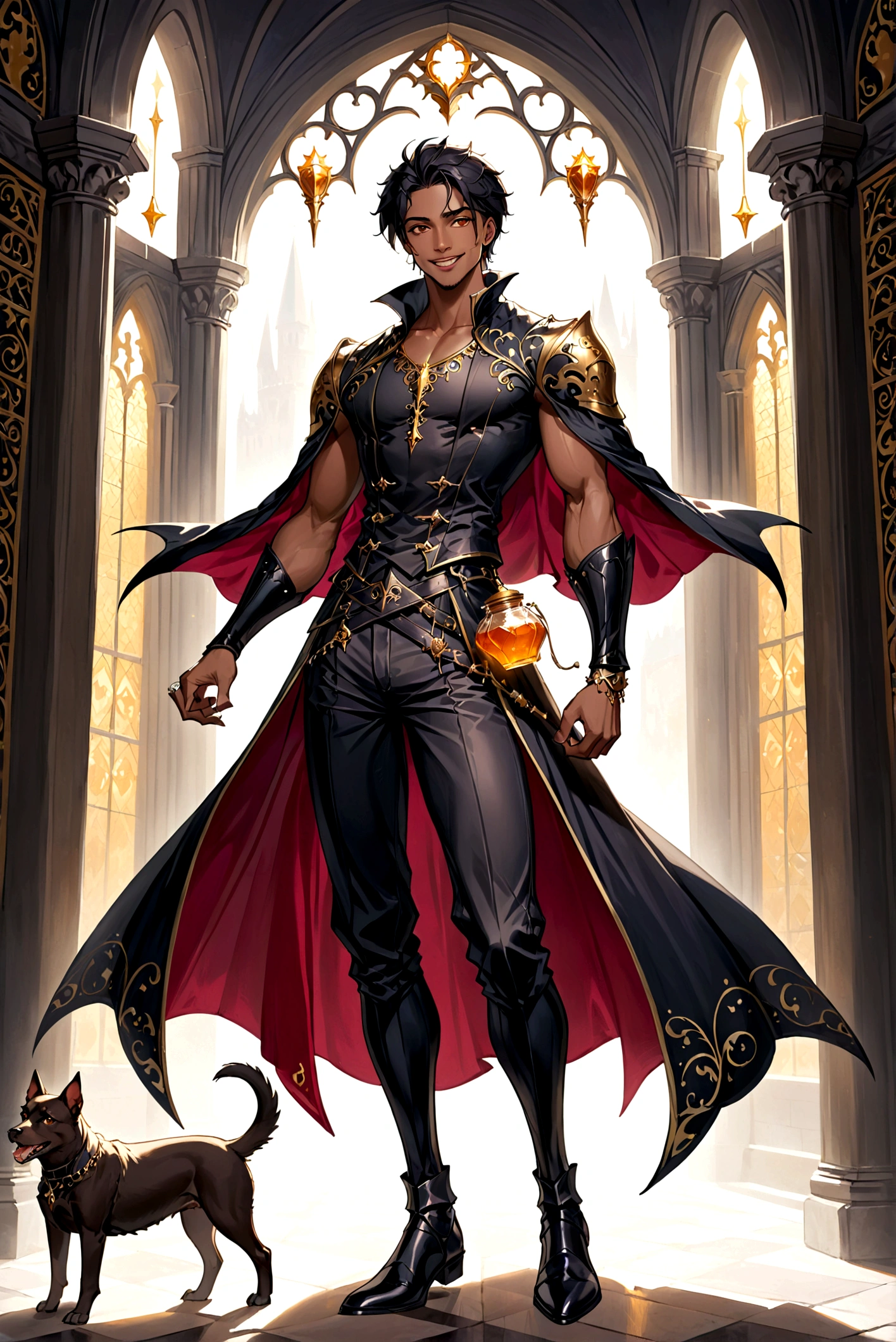an attractive man with honey-colored eyes, looking 20 years old, BROWN SKIN, canine teeth with prominent fangs, elegantly cut short black hair, Medium build and tall with defined muscles, and wearing medieval renaissance gothic clothes (full body image) friendly and flirtatious expression