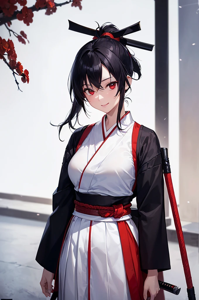 (masterpiece; best quality: 1.2), (finely detailed eyes: 1.3), ((25 year old woman)), ((solo)), (red eyes: 1.4), (body; lithe, slender, femenine: 1.3), (black hair in ponytail: 1.3), (beautiful and clear background: 1.2), ((depth of field)), (clothes: ronin attire + black-and-white hakama + red sash: 1.3), (anime illustration: 1.2), (background; old japanese castle exterior + night time: 1.1), (extremely fine and beautiful: 1.1), (shot composition; standing + centered on torso + close-up: 1.5), (expression; calm, smile: 1.2)