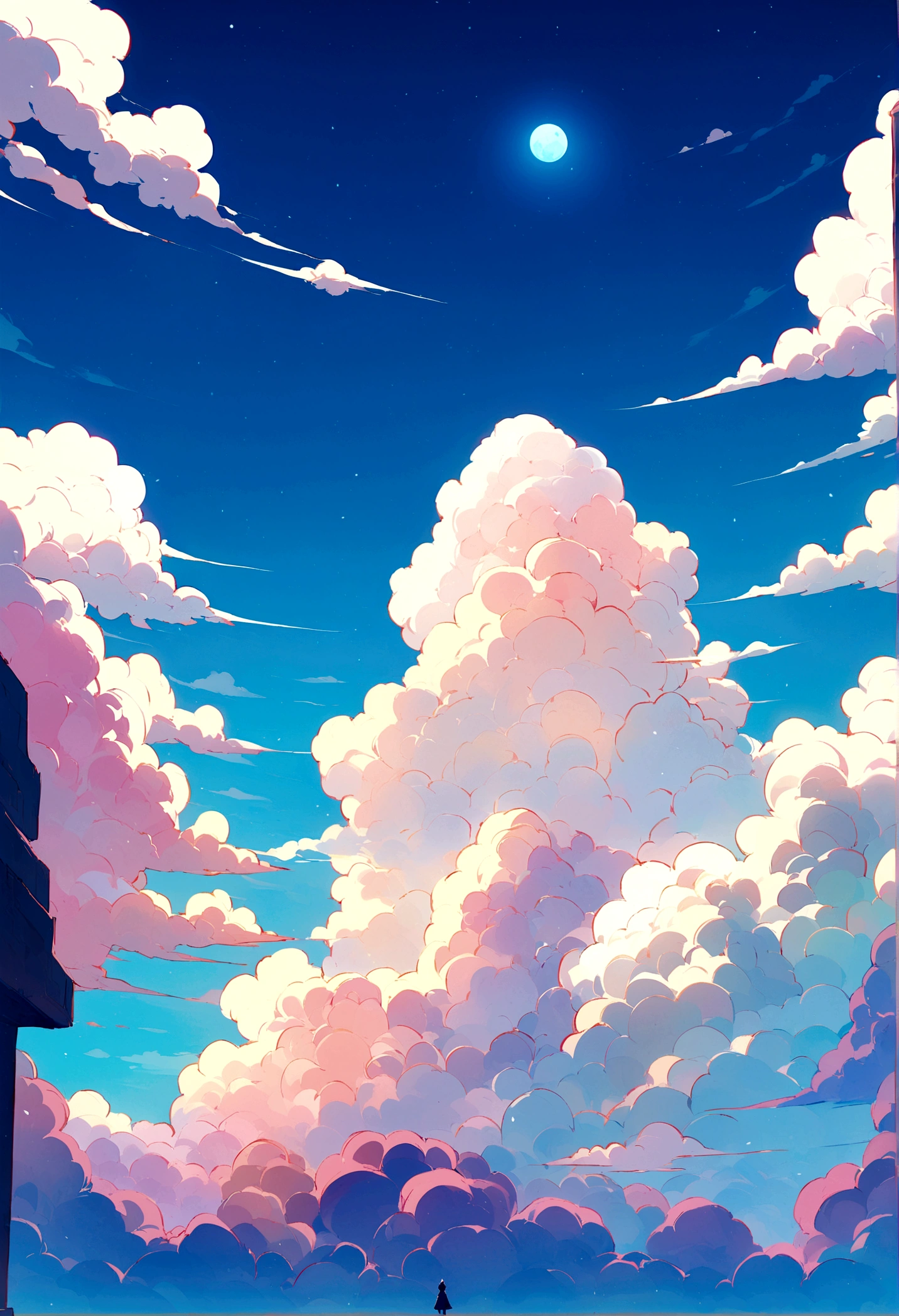 A distant view of a person falling from the sky, seen as a small dot amidst an endless expanse of bright, fluffy and white clouds. The scene is in a vibrant anime style, with no land visible, only the vast cloudscape and clear blue sky. The atmosphere is peaceful yet surreal, highlighting the immensity of the sky.