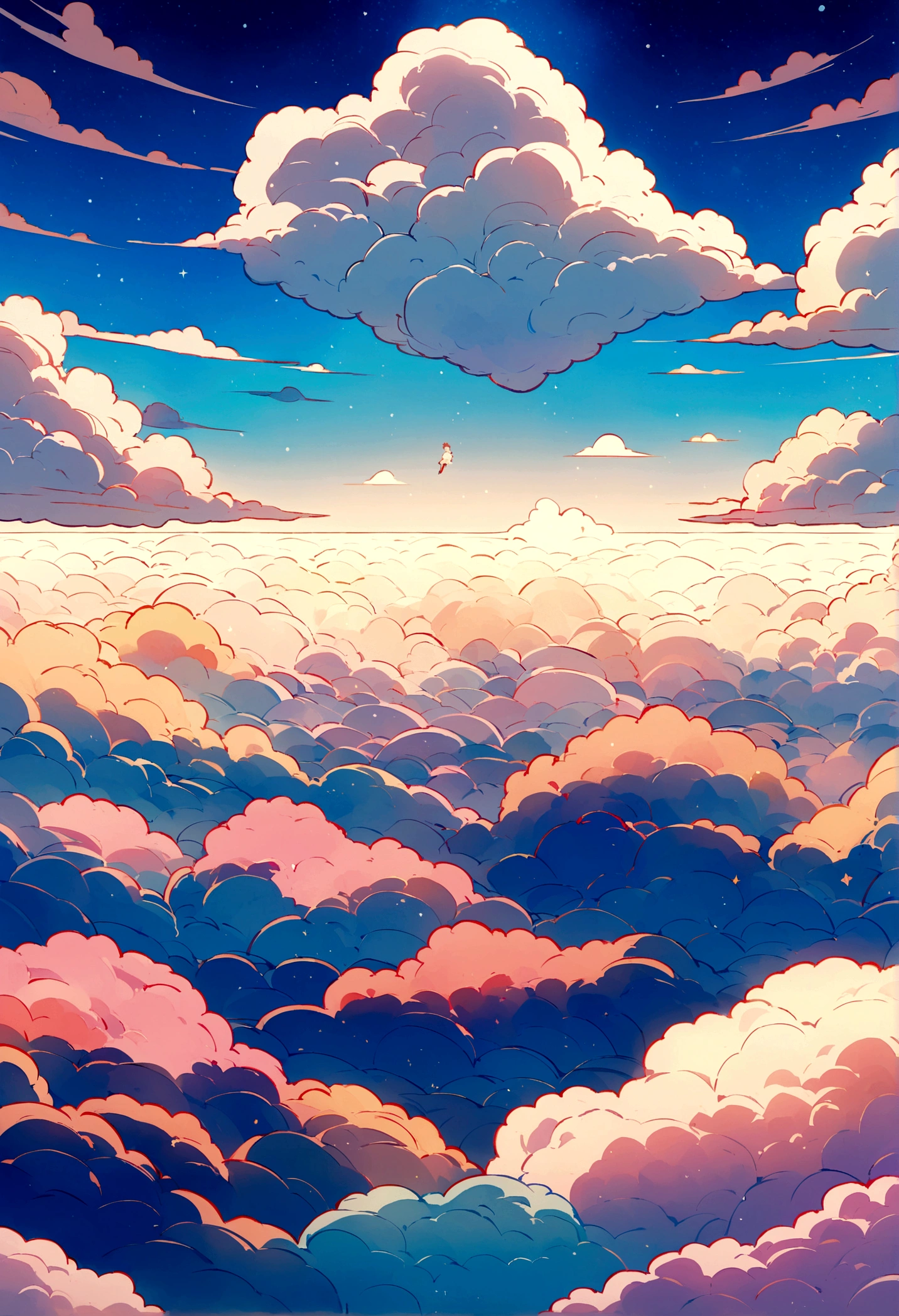 A distant view of a person falling from the sky, seen as a small dot amidst an endless expanse of bright, fluffy and white clouds. The scene is in a vibrant anime style, with no land visible, only the vast cloudscape and clear blue sky. The atmosphere is peaceful yet surreal, highlighting the immensity of the sky.