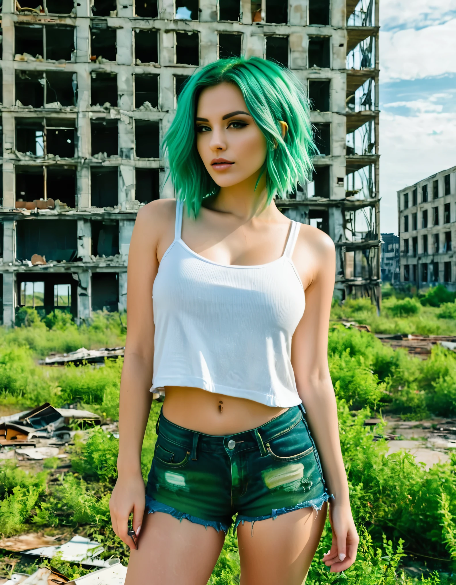 A woman with green hair, wearing a white crop top and denim shorts, standing in a post-apocalyptic city with abandoned buildings and overgrown vegetation.