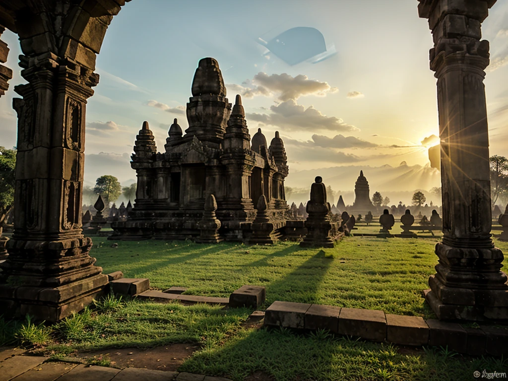 a picture of unfinished temple in the morning at sunrise (prambanan), good lighting, good quality, good texture