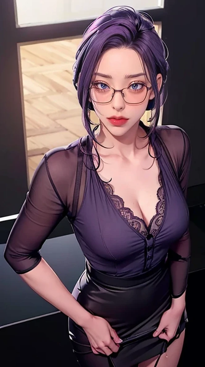 Girl with purple hair and eyes wearing grey shirt and tight skirt, Glasses, portrait, Intricate facial details, Looking at the audience, Light and shadow, high quality, best quality, 8K, Reality, masterpiece, Delicate eyes, Delicate lips, Extremely detailed face, Long eyelashes, beautiful, Happy expression, from above, black background