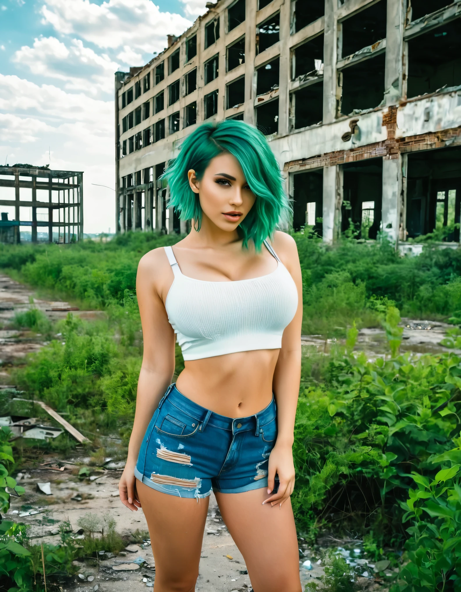 A woman with green hair, wearing a white crop top and denim shorts, standing in a post-apocalyptic city with abandoned buildings and overgrown vegetation.