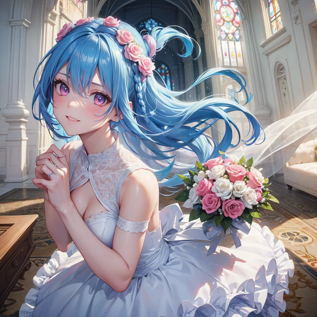 Sky blue hair, (Braided Ponytail),(Pink Eyes),Fair skin ,(whole body),(One girl),bride,A big smile,Straight bangs, 6月のbride,Wedding dress,(masterpiece, Highest quality, Very detailed, Best Shadow), (Detailed Background), (Beautifully detailed face), High Contrast, (Best lighting, Very delicate and beautiful), ((Cinematic Light)), colorful, Hyper Detail, Dramatic Light, Intricate details,Chapel background,Bouquet of roses,Ring on left ring finger,