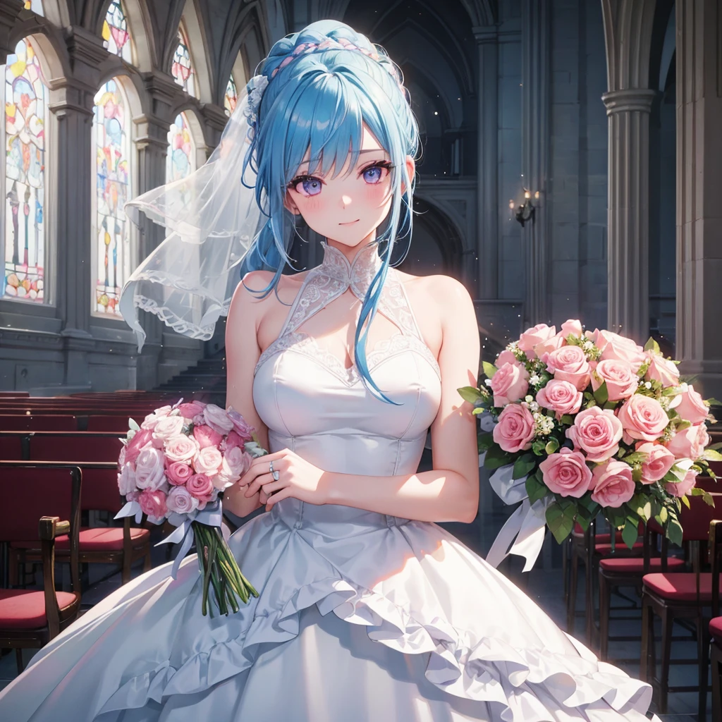 Sky blue hair, (Braided Ponytail),(Pink Eyes),Fair skin ,(whole body),(One girl),bride,A big smile,Straight bangs, 6月のbride,Wedding dress,(masterpiece, Highest quality, Very detailed, Best Shadow), (Detailed Background), (Beautifully detailed face), High Contrast, (Best lighting, Very delicate and beautiful), ((Cinematic Light)), colorful, Hyper Detail, Dramatic Light, Intricate details,Chapel background,Bouquet of roses,Ring on left ring finger,