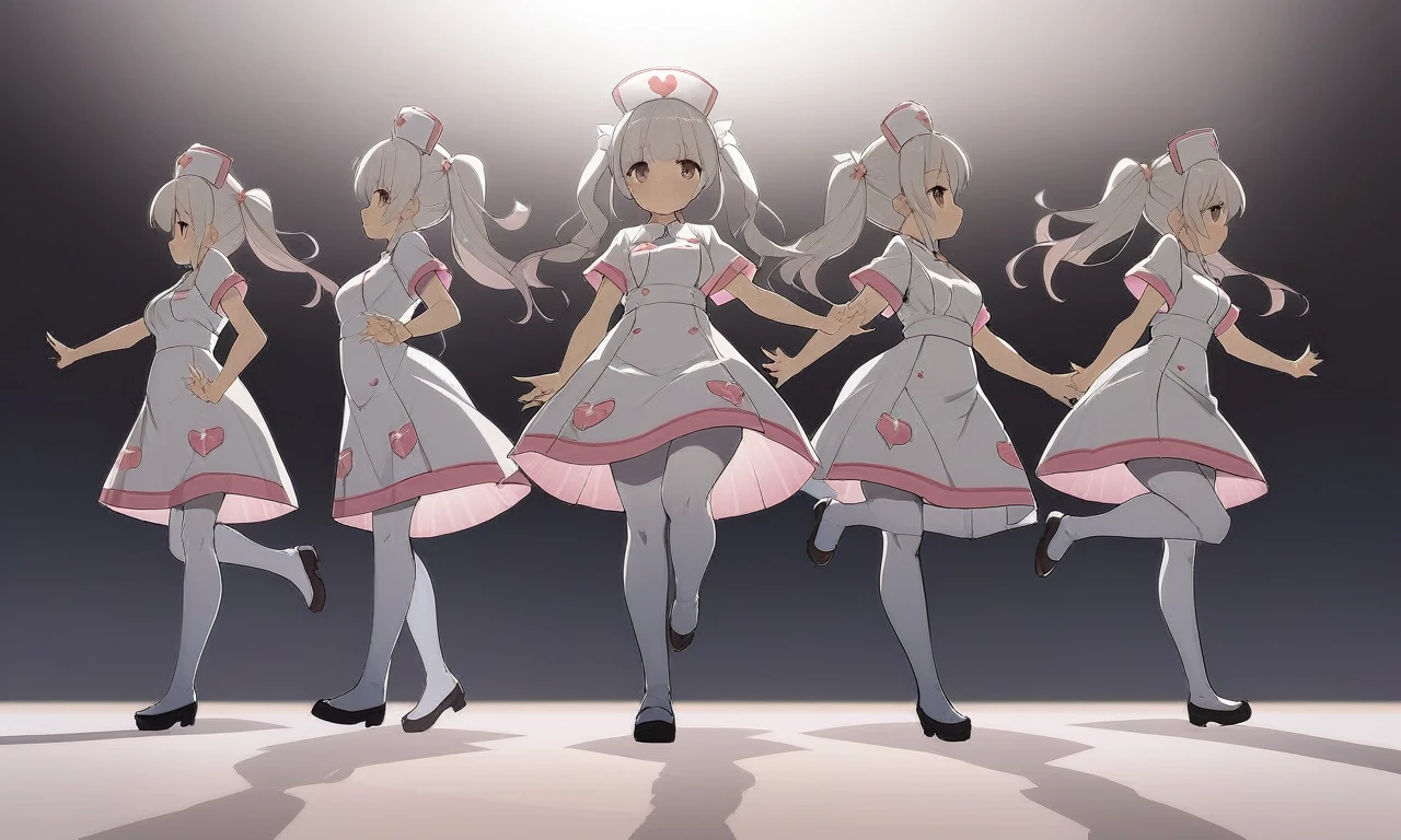early anime style, dynamic angle, dynamic Composition, Chibi, Same nurse girls, Nurse Costume, Quadruple Fashion, White tights, a double silhouette, (Fast Forward:1.6), Continuous movement, masterpiece, best Quality, highly detailed,