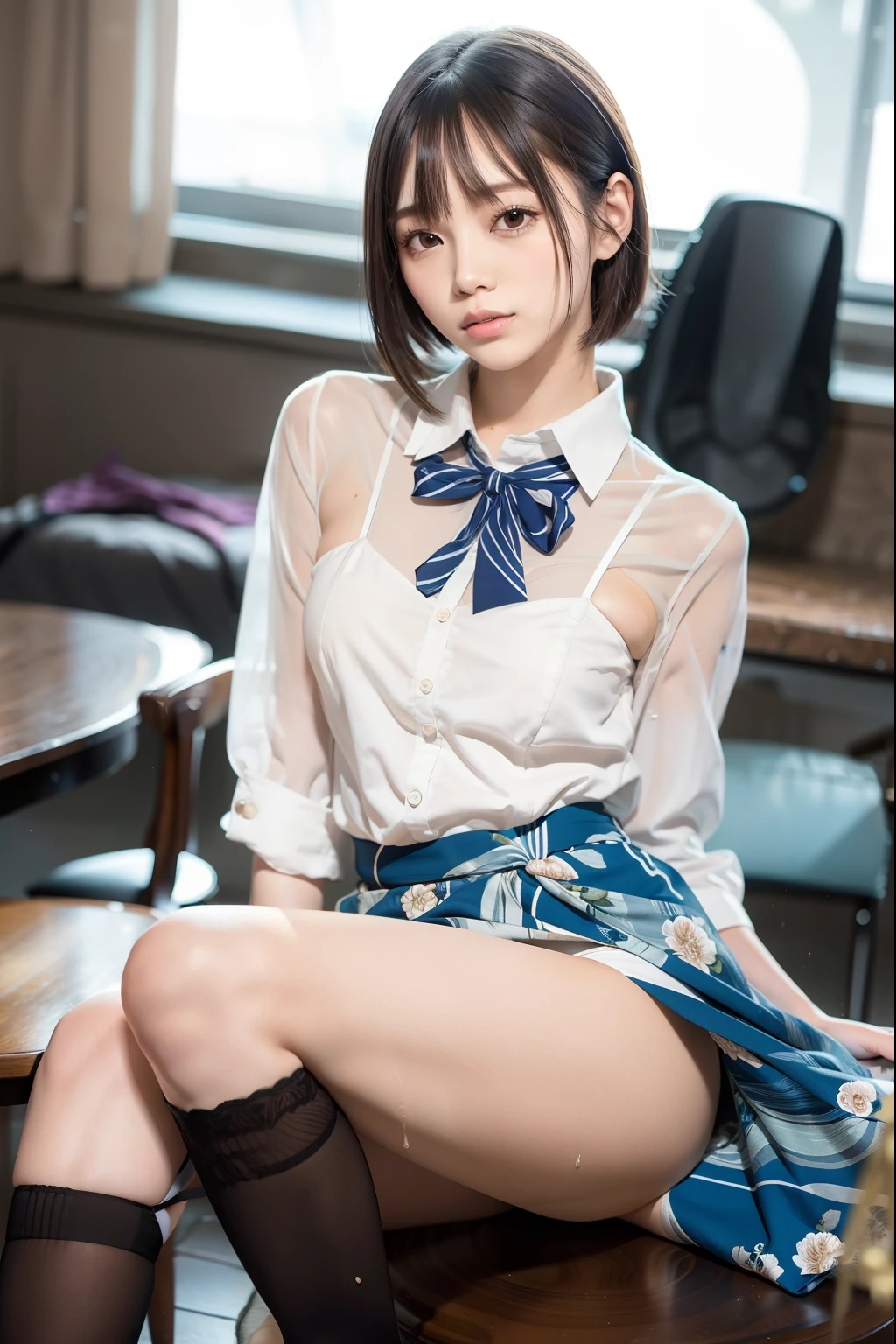 (best quality:1.2), (masterpiece:1.2), full body, very detailed, high resolution, 8k, (professional lighting:0.9), (1 Girl:1.5), cute Japanese woman, cute 24 year old beauty, slim body, (slightly saggy medium breasts), thin lips, detailed face, Beautiful and elegant face, cute face, natural bangs, arched eyebrows, well-groomed eyebrows, (big eyes with a good balance between the left and right sides), cute eyes, beautiful eyes, beautiful thin nose, beautiful face line, (beautiful skin), (medium hair), medium length hair, (natural bangs), ((Brunette hair:1.2)), slim face, slim figure, (Looking at the camera with gentle expression), beautiful legs, smooth skin, slim and beautiful thighs, cute and sexy slim 24 year old woman, fair skin, Beautiful breasts, (Slender and slim body:1.5), (Slim waist), (slim hips), ((slim Butt)), (legs apart:1.1), (Low-rise panties ), Detailed fingers, beautiful hands, (very sexy panties with lace), The best lighting, A bra is visible through a transparent shirt, Her clothes got wet and her bra was visible, (Black Hair),