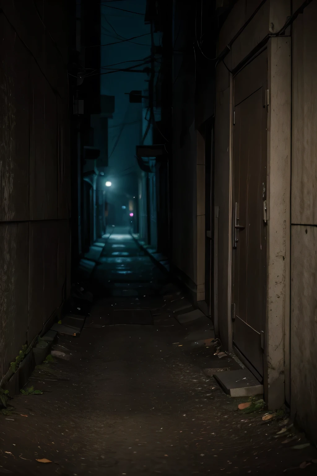 in an empty, dark city at night, a stalker hiding behind a wall watches you