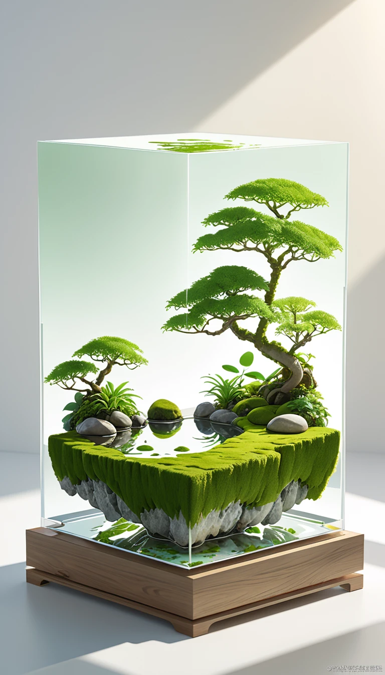 （masterpiece、high quality、Superior quality、Official Art、Beauty and Aesthetics）：1.2），一个被green植物环绕的杯子，Milky white transparent water，Product poster，Moss microlandscape，green，Simple，Clean light background，Ray Tracing，Foreground occlusion，Natural light，jungle，C4D，oc rendering，Product photography。