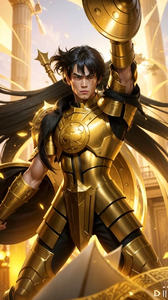 Bruce Lee, habillé en tenue jaune avec des bandes noires, s'entraine seul au kung fu dans une forêt luxuriante que l'on voirt en arrière plan. il n'y a personne d'autre. Il regarde le spectateur. artiste martial. combattant. Lumière cinématique. Cadrage dynamique. hyper détaillé. chef d'oeuvre. concentration. impact de l'image. effets lumineux. ultra haute résolution. frise de symbols chinois autour de l'image.