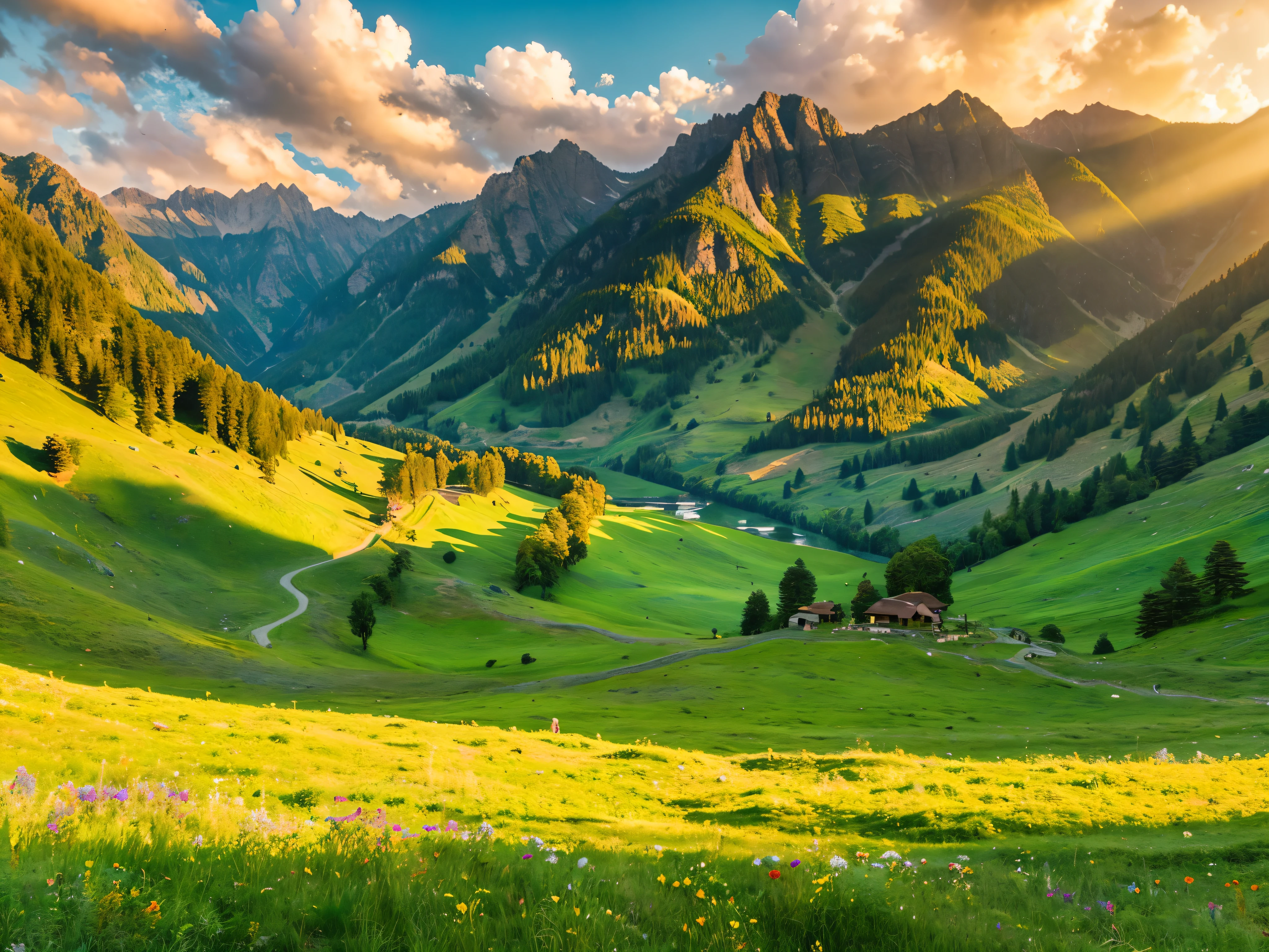 a breathtaking landscape, rolling hills, lush green meadows, vibrant wildflowers, serene lake, majestic mountains in the distance, golden sunlight, dramatic clouds, cinematic composition, realistic lighting, intricate details, vivid colors, photorealistic, 8k, best quality, masterpiece