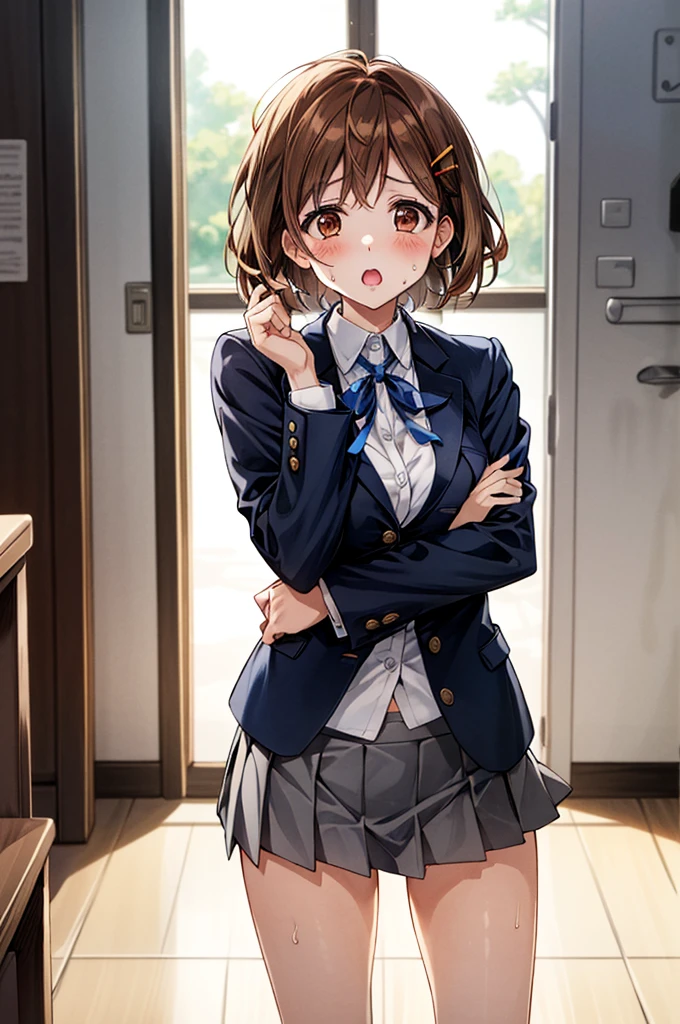 NSFW、独奏、Toned body、Bare thighs、Crouching、(Panty shot、White panties、Panties transparent with sweat、Mansuji)、(uniform、Dark blue blazer、Light blue ribbon、White shirt、Collared shirt、Grey Micro Mini Skirt Grey、Grey Pleated Skirt Grey)、シャツ越しに透けたBig Breasts、(short hair、Brown Hair、Barrette、hair ornaments)、(Brown eyes:1.5)、(yuihirasawa、yui hirasawa、Yui Hirasawa)、Big Breasts、Women's High、classroom、独奏