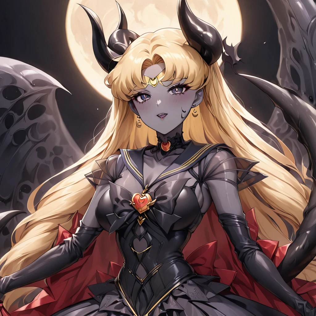 ((Highest quality)), ((masterpiece)), (detailed), (Perfect Face)、The woman is the dark queen of the black moon of the Black Moon clan, a lustful and evil demon warrior, the demon queen, Devil Queen Sailor Moon, and the woman is a sexy female demon with jet black skin, Devil Queen Sailor Moon.、The woman is a jet-black female demon with magnificent devil horns, jet-black devil wings, and a jet-black tail. Her skin is jet-black, and she has a black inverted crescent moon mark on her forehead. Her gorgeous black skin is visible through her black see-through ta Gothic Victorian wedding dress, black wedding veil, and black see-through cape. She is a jet-black demon, Devil Queen Sailor Moon, and has blonde hair.2The expression of a girl in love with her long hair tied up、Woman is Devil Queen Sailor Moon