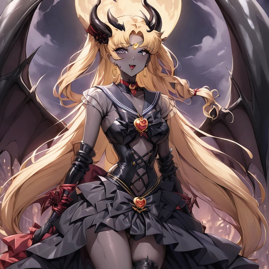 ((Highest quality)), ((masterpiece)), (detailed), (Perfect Face)、The woman is the dark queen of the black moon of the Black Moon clan, a lustful and evil demon warrior, the demon queen, Devil Queen Sailor Moon, and the woman is a sexy female demon with jet black skin, Devil Queen Sailor Moon.、The woman is a jet-black female demon with magnificent devil horns, jet-black devil wings, and a jet-black tail. Her skin is jet-black, and she has a black inverted crescent moon mark on her forehead. Her gorgeous black skin is visible through her black see-through Lolita Gothic Victorian wedding dress, black wedding veil, and black see-through cape. She is a jet-black demon, Devil Queen Sailor Moon, and has blonde hair.2The expression of a girl in love with her long hair tied up、Woman is Devil Queen Sailor Moon