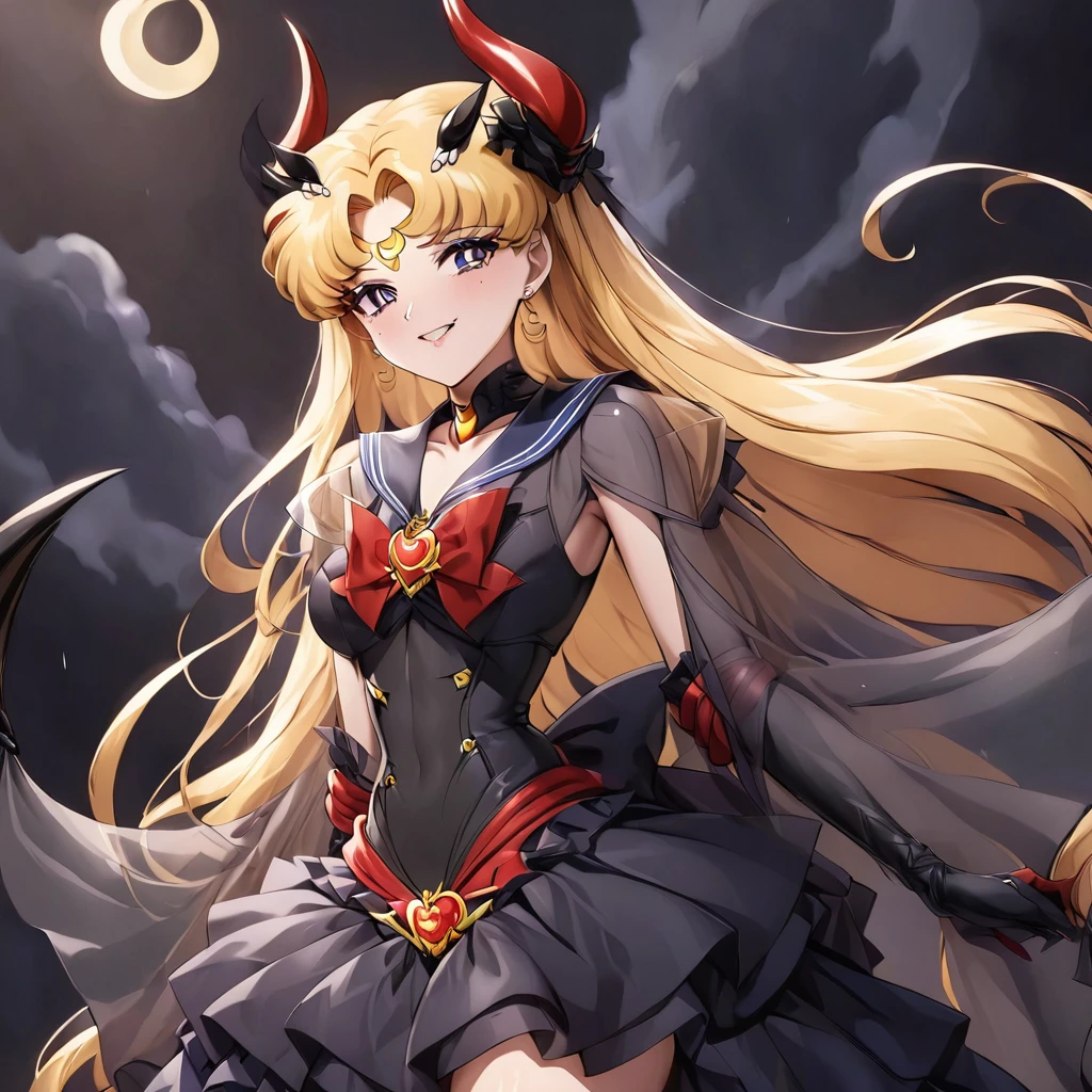((Highest quality)), ((masterpiece)), (detailed), (Perfect Face)、The woman is the dark queen of the black moon of the Black Moon clan, a demon warrior of lust and evil, the demon queen, Eternal Devil Queen Sailor Moon, and the woman is the jet-black, sexy female demon, Eternal Devil Queen Sailor Moon.、The woman is a jet-black female demon with magnificent devil horns, jet-black devil wings, and a jet-black tail. Her skin is jet-black, and she has a black inverted crescent moon mark on her forehead. Her gorgeous black skin is visible through her black see-through Lolita Gothic Victorian wedding dress, black wedding veil, and black see-through cape. She is a jet-black demon, Eternal Devil Queen Sailor Moon, and has blonde hair.2The expression of a girl in love with her long hair tied up、Woman is Eternal Devil Queen Sailor Moon