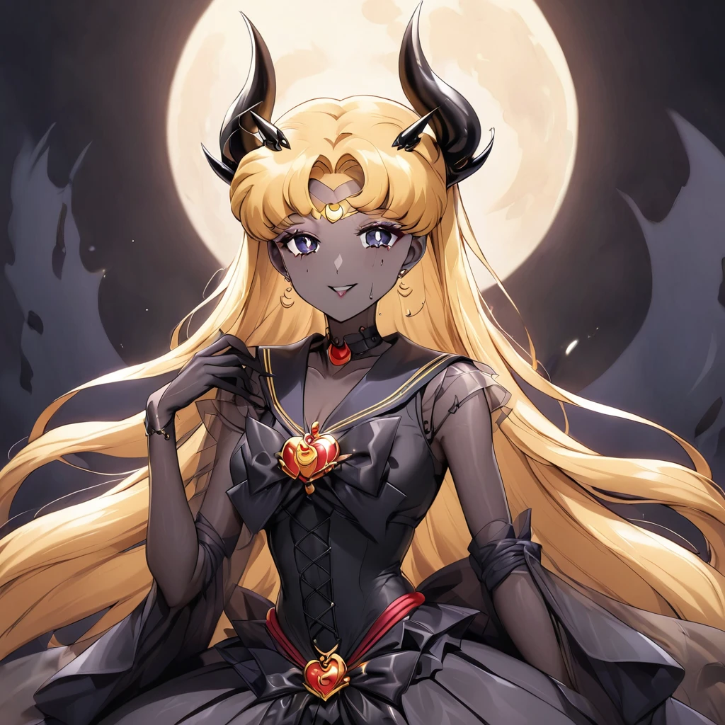((Highest quality)), ((masterpiece)), (detailed), (Perfect Face)、The woman is the dark queen of the black moon of the Black Moon clan, a demon warrior of lust and evil, the demon queen, Eternal Devil Queen Sailor Moon, and the woman is the jet-black, sexy female demon, Eternal Devil Queen Sailor Moon.、The woman is a jet-black female demon with magnificent devil horns, jet-black devil wings, and a jet-black tail. Her skin is jet-black, and she has a black inverted crescent moon mark on her forehead. Her gorgeous black skin is visible through her black see-through Lolita Gothic Victorian wedding dress, black wedding veil, and black see-through cape. She is a jet-black demon, Eternal Devil Queen Sailor Moon, and has blonde hair.2The expression of a girl in love with her long hair tied up、Woman is Eternal Devil Queen Sailor Moon