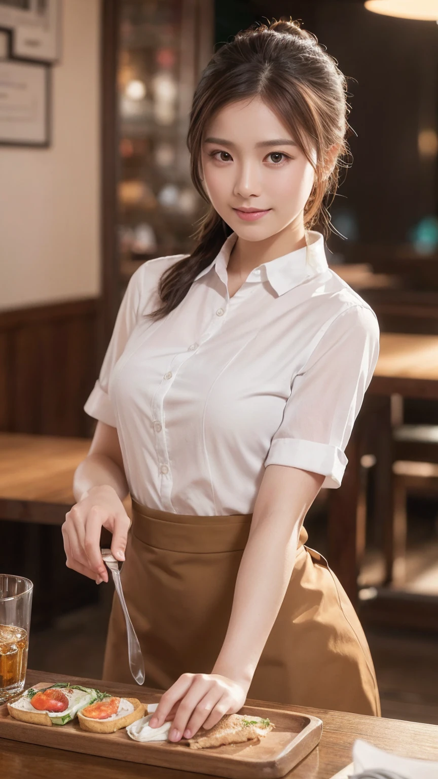 Smiling Asian waitress serving drinks, 2 girls, Beautiful attention to detail, Beautiful lip detail, Highly detailed eyes and face, Long eyelashes, Brown Hair, ponytail, A waitress making sandwiches on the back wall, restaurant, shirt, dish, cup, food, Realistic, (Highest quality,4K,8K,High resolution,masterpiece:1.2),Super detailed,(Realistic,photoRealistic,photo-Realistic:1.37),High resolution,超High resolution,Studio Lighting,Ultra-fine painting,Sharp focus,Physically Based Rendering,Very detailed explanation,Professional,Vibrant colors,Bokeh,Portraiture,photograph