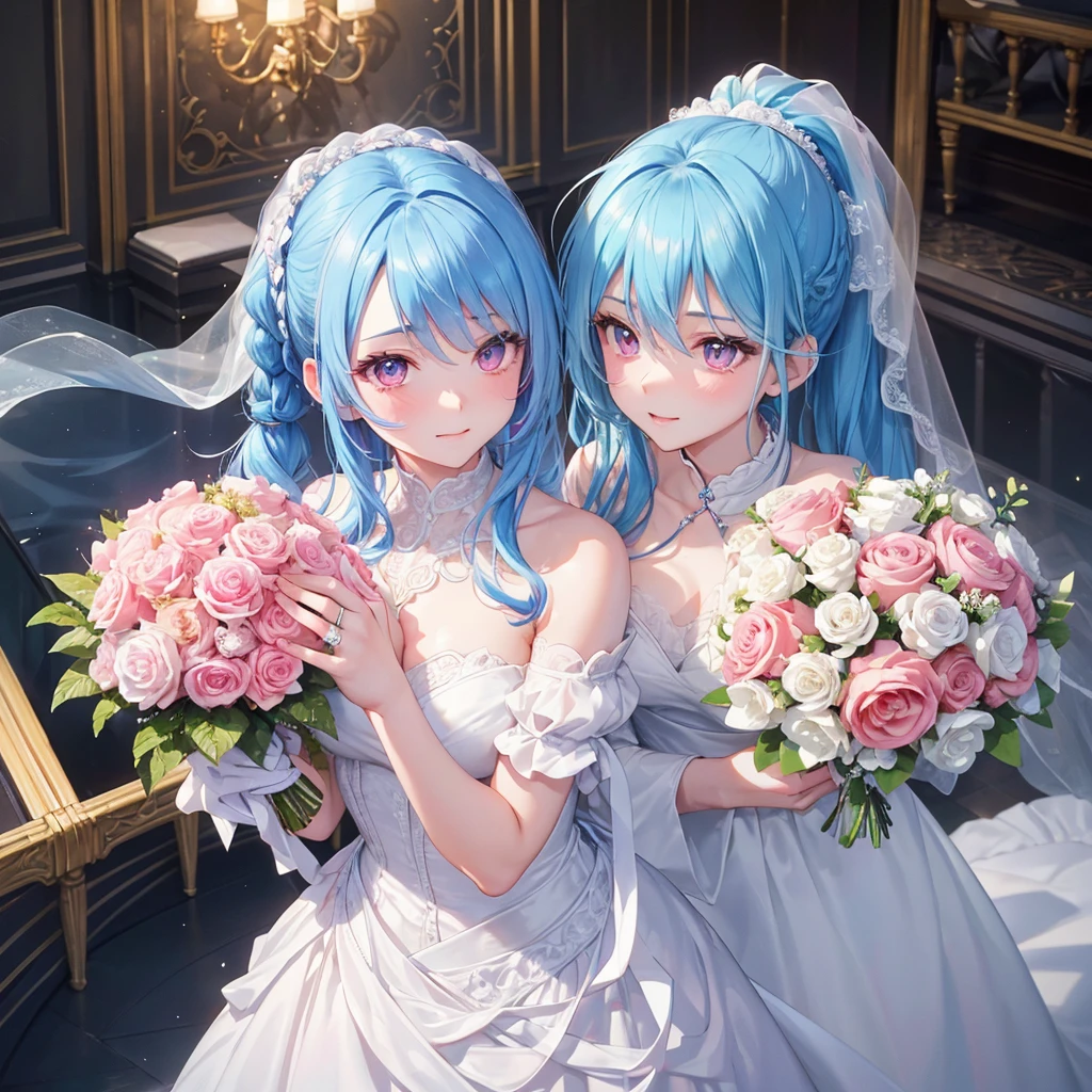 Sky blue hair, (Braided Ponytail),(Pink Eyes),Fair skin ,(whole body),(One girl),bride,A big smile,Straight bangs, 6月のbride,Wedding dress,(masterpiece, Highest quality, Very detailed, Best Shadow), (Detailed Background), (Beautifully detailed face), High Contrast, (Best lighting, Very delicate and beautiful), ((Cinematic Light)), colorful, Hyper Detail, Dramatic Light, Intricate details,Chapel background,Bouquet of roses,Ring on left ring finger,