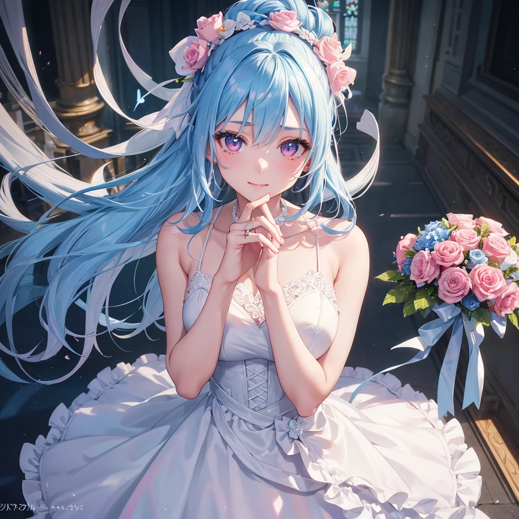 Sky blue hair, (Braided Ponytail),(Pink Eyes),Fair skin ,(whole body),(One girl),bride,A big smile,Straight bangs, 6月のbride,Wedding dress,(masterpiece, Highest quality, Very detailed, Best Shadow), (Detailed Background), (Beautifully detailed face), High Contrast, (Best lighting, Very delicate and beautiful), ((Cinematic Light)), colorful, Hyper Detail, Dramatic Light, Intricate details,Chapel background,Bouquet of roses,Ring on left ring finger,