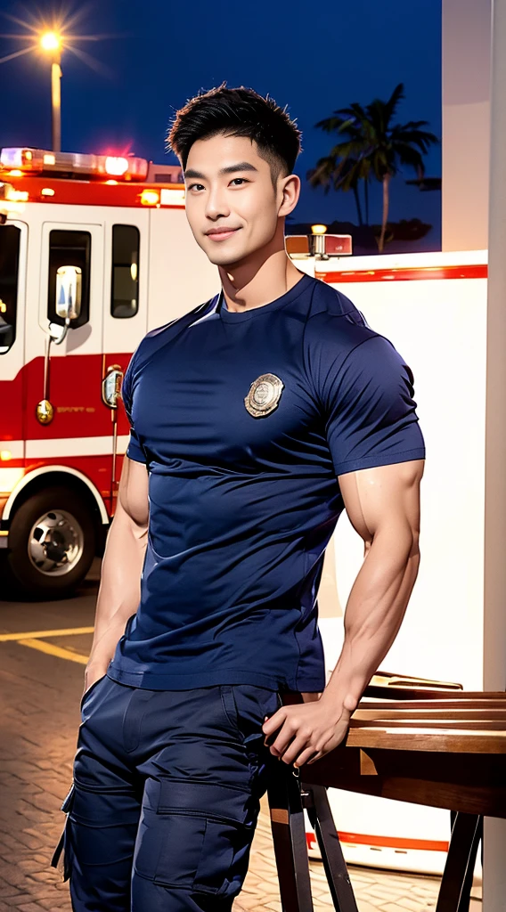 korea male male model sit on the table , big muscles, handsome, cool, smoothly combed hair, pierced ears, wearing a t-shirt navy top, holding a lollipop, portraiture, modeling, dynamic pose, Japanese street, late at night, store lights trade, full half body shot, kind_smile, open mouth, fullbodypolice officer, Korean Men ,facial hair, Full body, ,(Police badge) ,(Torn navy round neck shirt), (Navy blue round neck shirt.), (Abrasions on the body....: 1.3), (Navy Cargo Pants: 1.3), Short Hair Hair, (High shadow detail),Pectoral muscles, Big arm muscles, blood vessel, Big muscles, Wide shoulders, Abrasions on the body...., Abrasions on the face, nighttime , fire truck