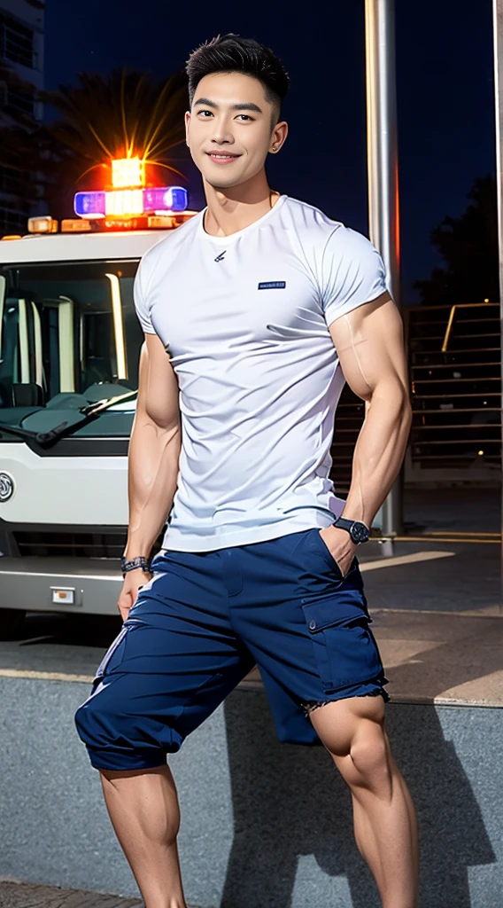 korea male male model sit on the table , big muscles, handsome, cool, smoothly combed hair, pierced ears, wearing a t-shirt navy top, holding a lollipop, portraiture, modeling, dynamic pose, Japanese street, late at night, store lights trade, full half body shot, kind_smile, open mouth, fullbodypolice officer, Korean Men ,facial hair, Full body, ,(Police badge) ,(Torn navy round neck shirt), (Navy blue round neck shirt.), (Abrasions on the body....: 1.3), (Navy Cargo Pants: 1.3), Short Hair Hair, (High shadow detail),Pectoral muscles, Big arm muscles, blood vessel, Big muscles, Wide shoulders, Abrasions on the body...., Abrasions on the face, nighttime , fire truck