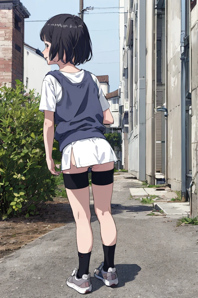 best quality, masterpiece, detailed,2d,flat color, 1girl,****,petit,,outdoor,shoes,short miniskirt,,socks,ass,from back