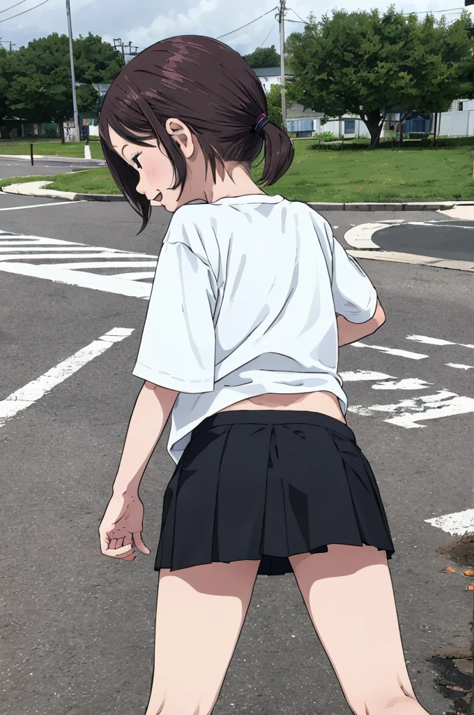 best quality, masterpiece, detailed,2d,flat color, 1girl,,petit,,outdoor,shoes,short miniskirt,,socks,ass,from back